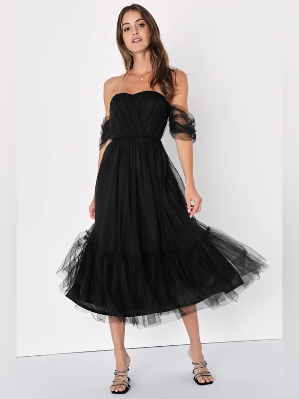 Lulus Divine Dreamer Black Tulle Off-the-Shoulder Tiered Midi Dress Medium